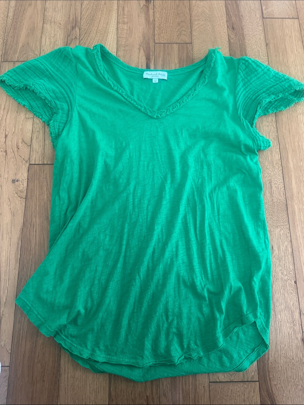 Michael Stars Emerald Green V-Neck Short Sleeve fringe Tee size small like new